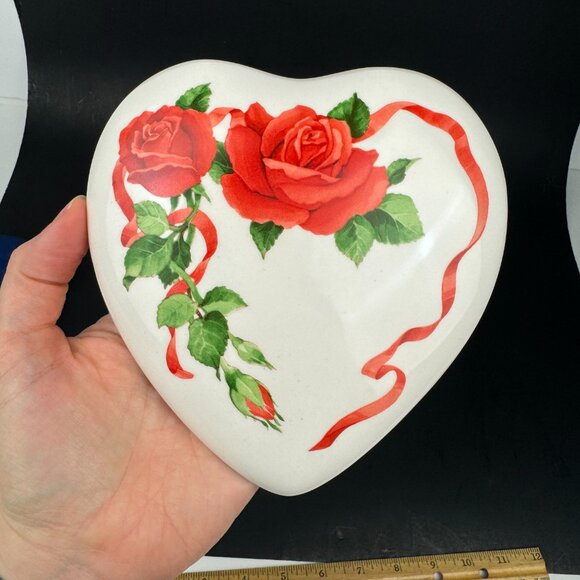 Vtg Teleflora Ceramic Heart Shaped Trinket Box w Lid Red Roses Flower Red Ribbon - Picture 11 of 13